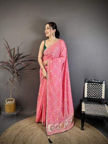 Elora Pink Vichitra Silk Animal Motifs Foil Print Sequence & Zari Embroidery Work Bandhani Saree - Dista