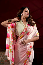 Thumbnail for Vastranavya Peach Satin Silk Floral Printed with Pearl Lace Saree with Unstitched Blouse - Distacart