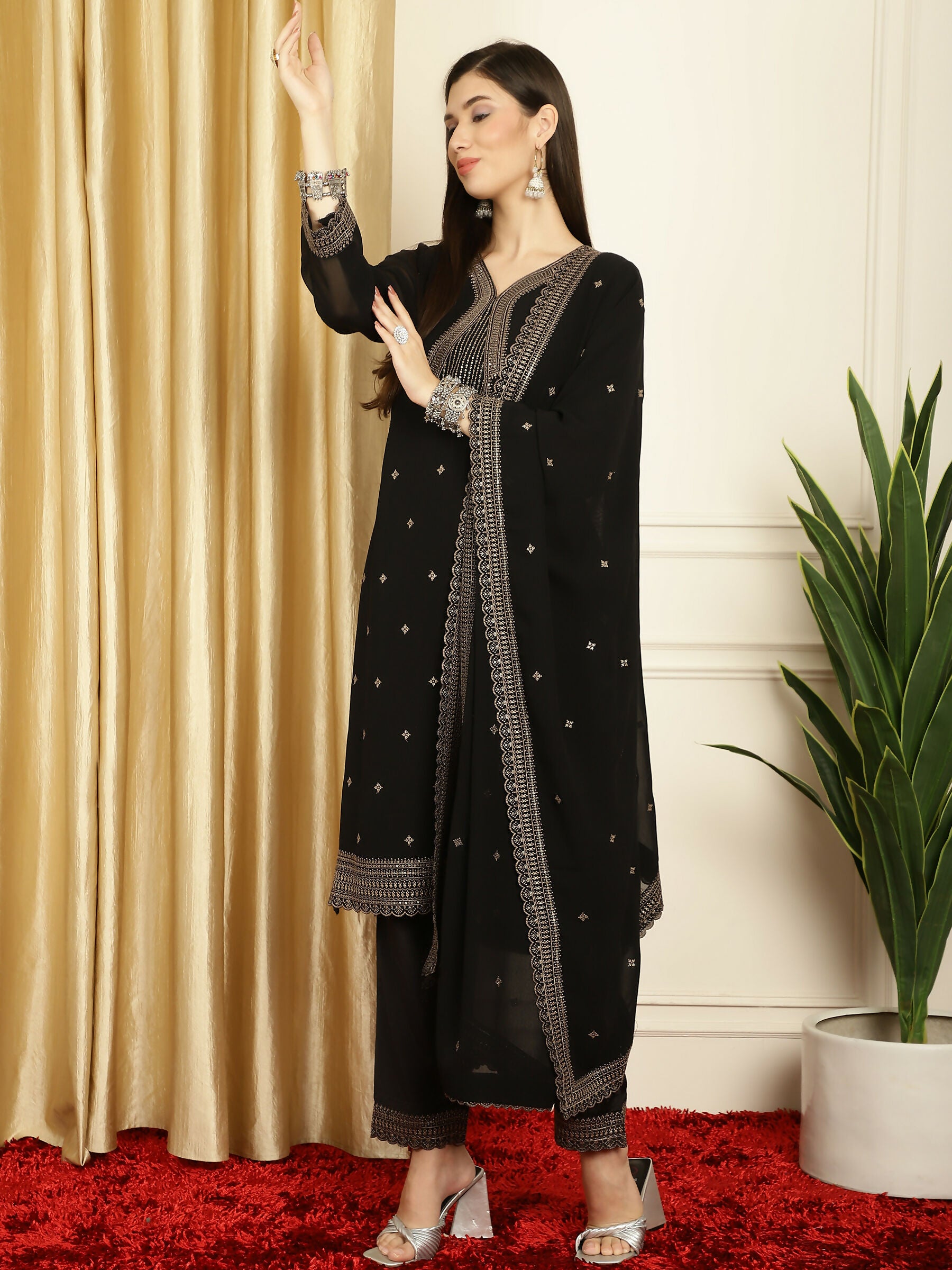 Jyoti Fashion Women's Black Georgette Resham Thread & Sequin Kurta with Trouser & Dupatta - Distacart