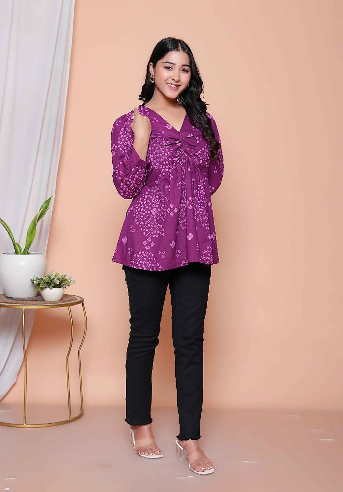 Miravan Womens Purple Bandhani Printed Butterfly Style Top - Distacart