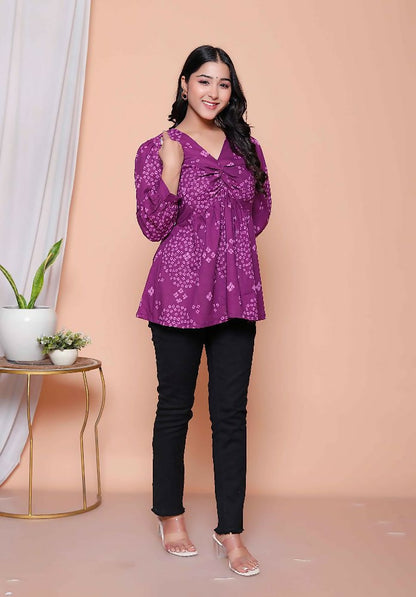 Miravan Womens Purple Bandhani Printed Butterfly Style Top - Distacart