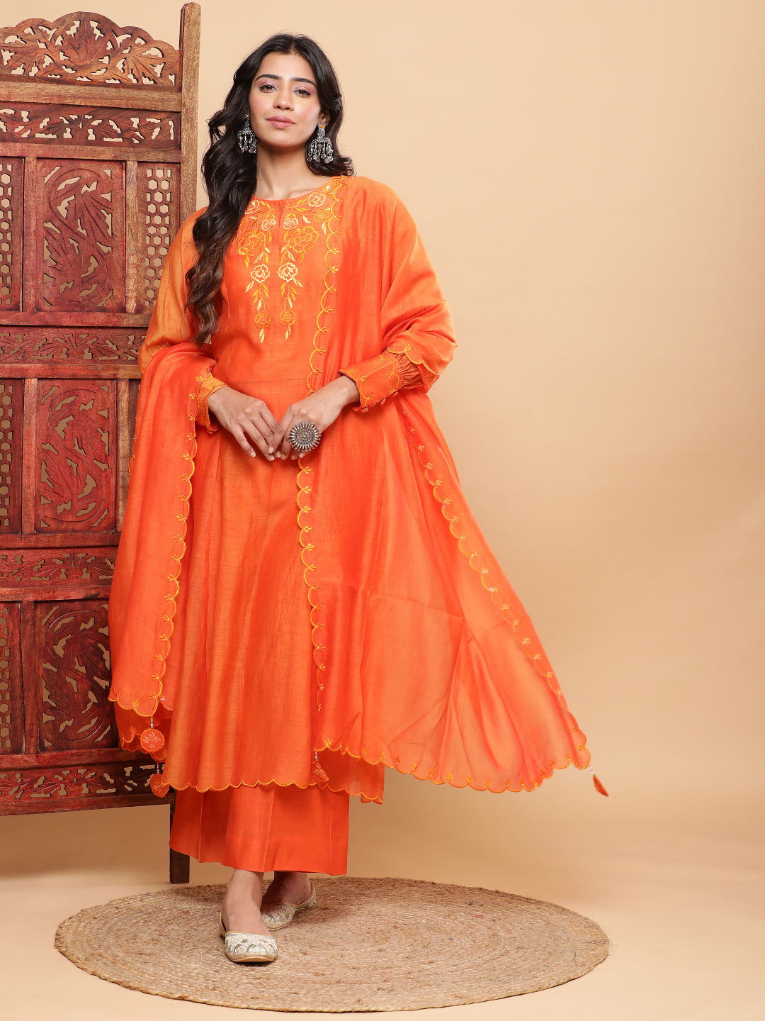 BohoJazz Nazm Embroidered Cuff-Sleeves Kurta Set with Dupatta - Rust Orange