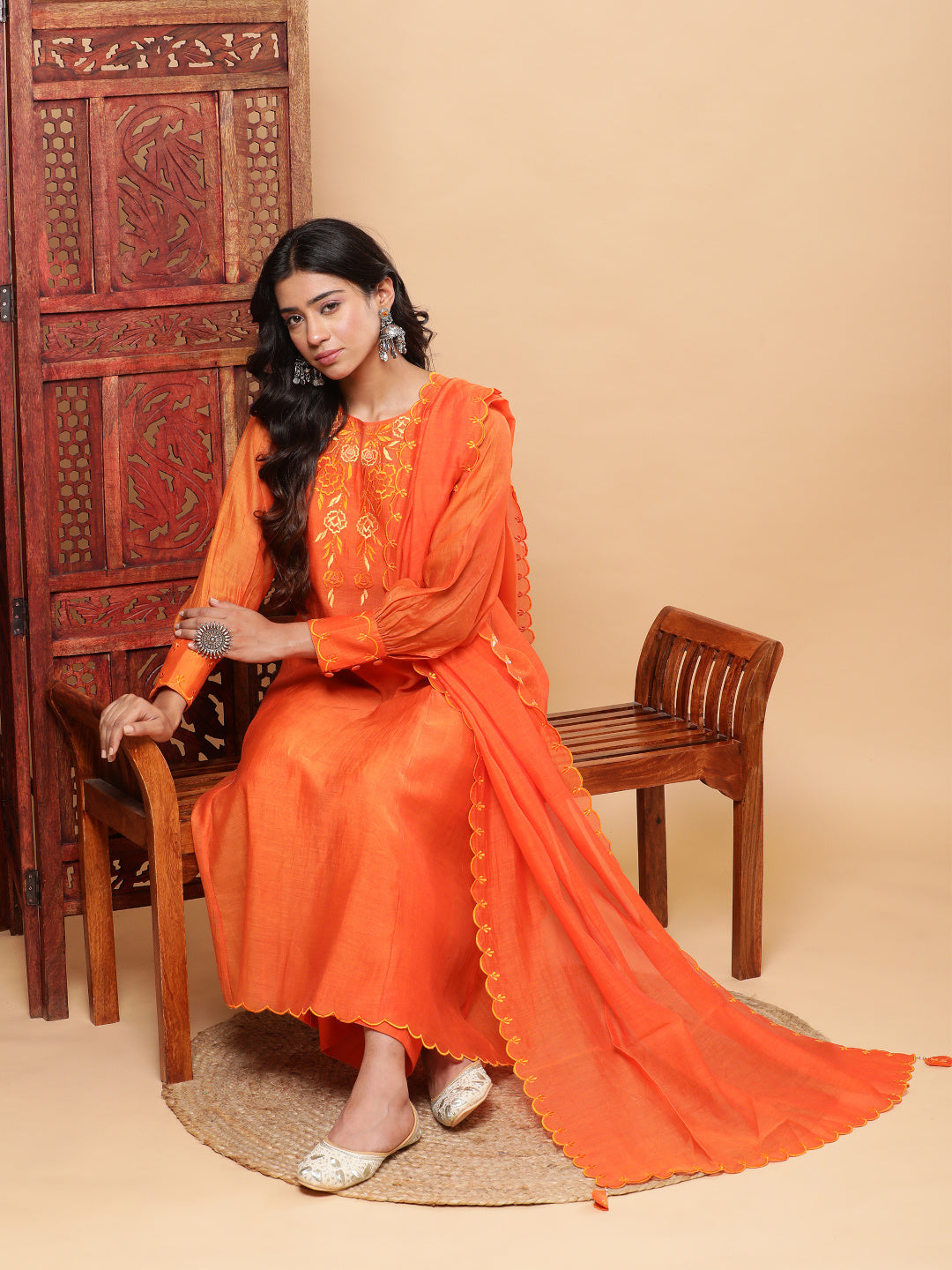 BohoJazz Nazm Embroidered Cuff-Sleeves Kurta Set with Dupatta - Rust Orange