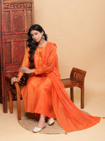 Thumbnail for BohoJazz Nazm Embroidered Cuff-Sleeves Kurta Set with Dupatta - Rust Orange