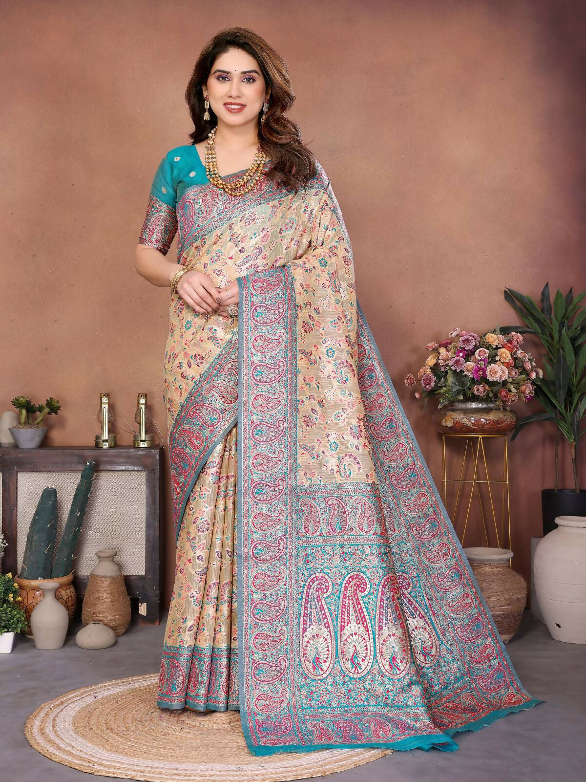 Teeya Creation New Latest Trendy Wedding Wear Pashmina Silk Saree-Cream - Dista