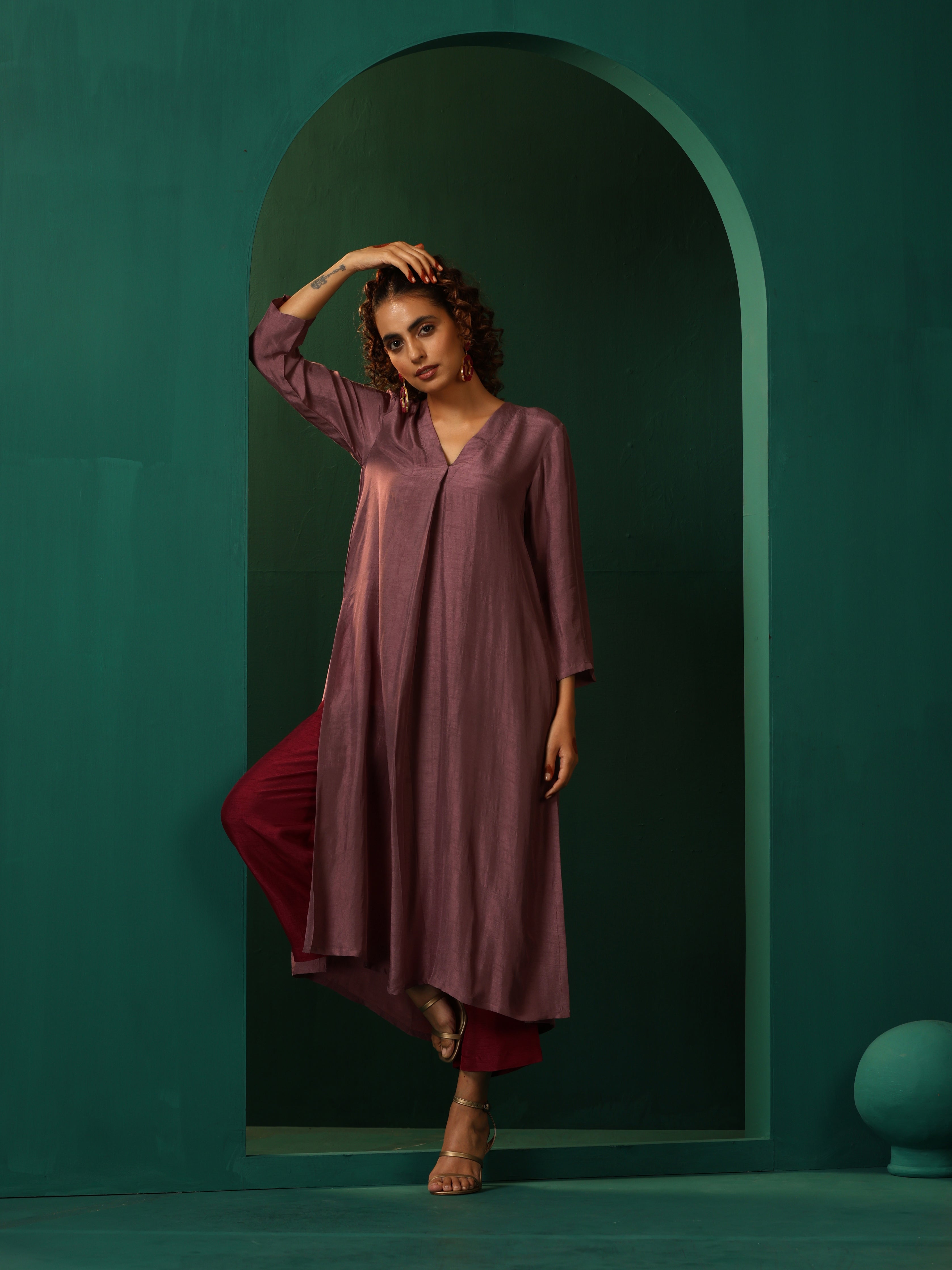 trueBrowns Light Mauve Silk Front Pleat Kurta Pant Set - Distacart