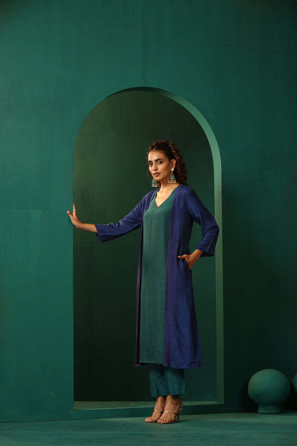 trueBrowns Blue Teal Silk Kurta Jacket Set - Distacart