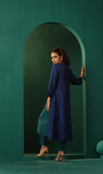 trueBrowns Blue Teal Silk Kurta Jacket Set - Distacart