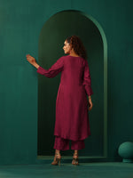 Thumbnail for trueBrowns Maroon Silk Puff Sleeve Kurta Pant Set - Distacart