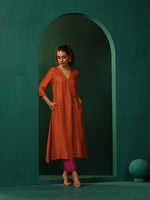 Thumbnail for trueBrowns Rust Silk Angrakha Kurta Pant Set - Distacart
