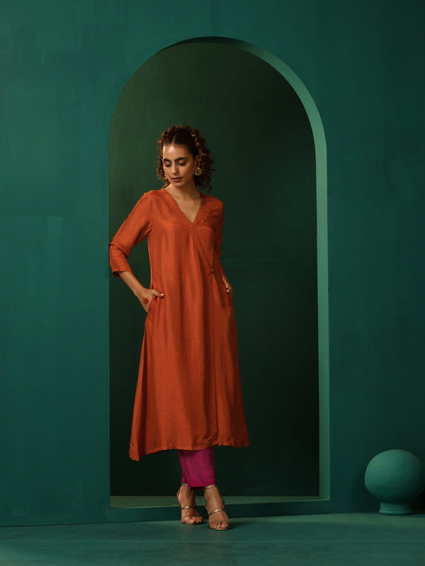 trueBrowns Rust Silk Angrakha Kurta Pant Set - Distacart
