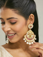 Thumbnail for Nuyug 22K Gold-Plated Elegant Ruby & Kundan Stone Studded With Pearl Beaded Floral Chandbalis - Distacart