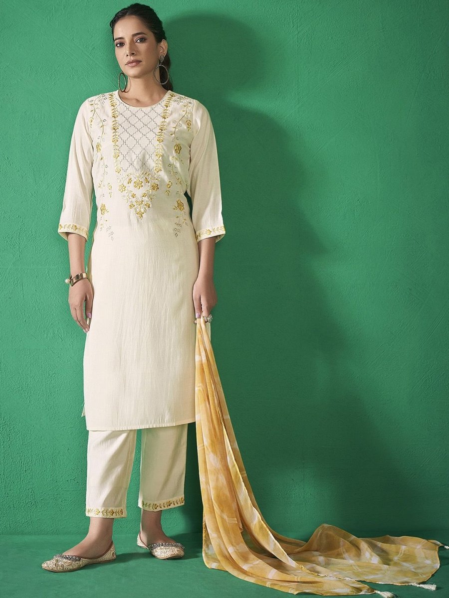 Anouk Yellow Floral Embroidered Chanderi Silk Straight Kurta With Trousers & Dupatta