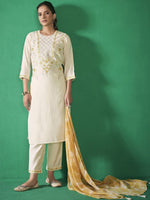 Thumbnail for Anouk Yellow Floral Embroidered Chanderi Silk Straight Kurta With Trousers & Dupatta