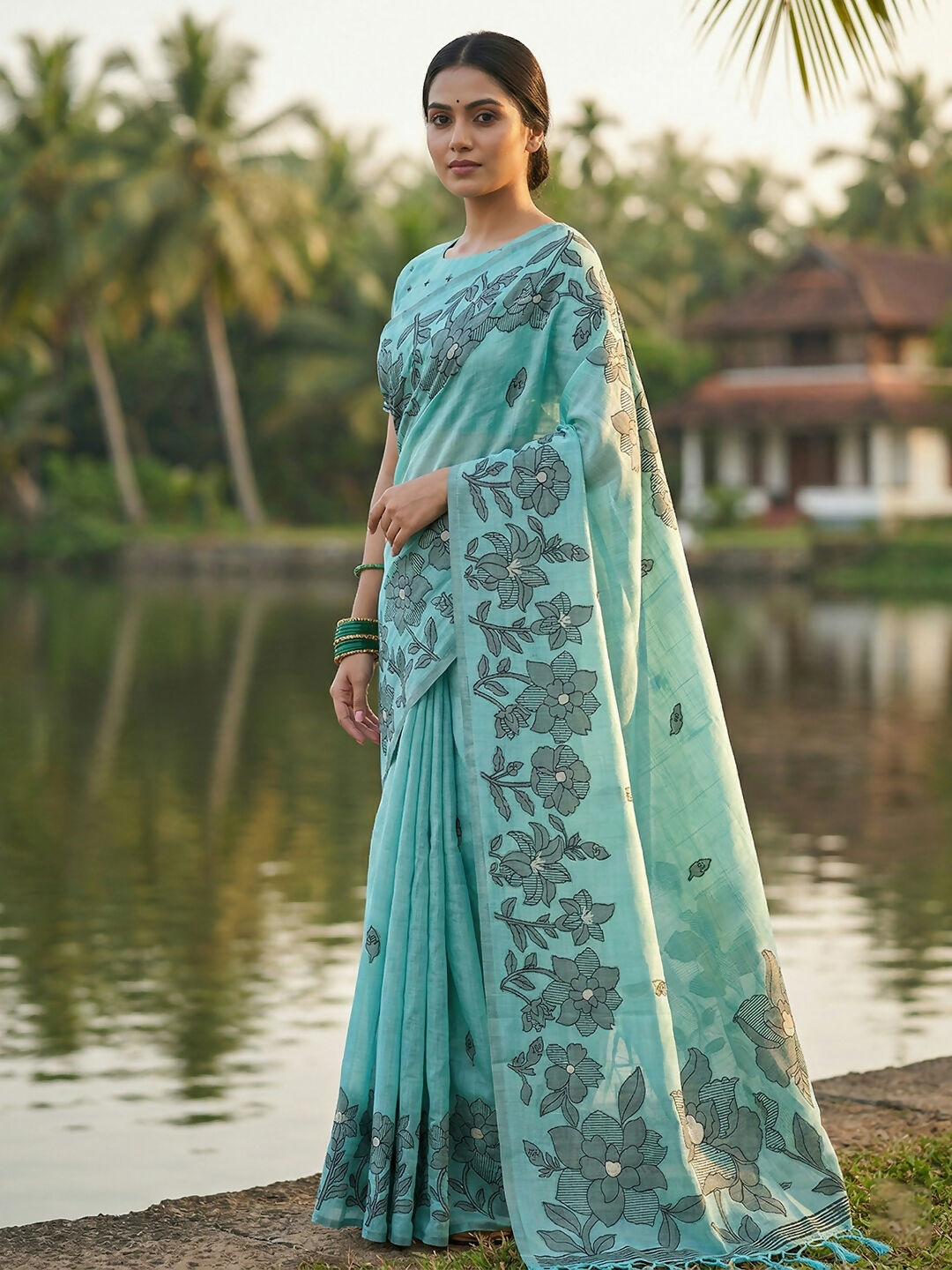 Shree Shyam Fashion Sea Green Linen Cotton Saree - Distacart