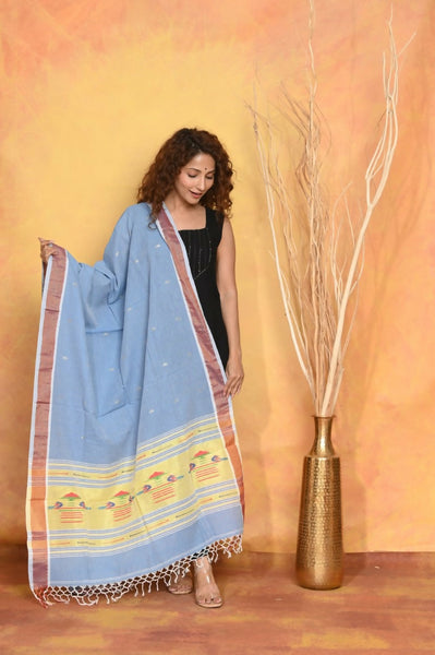 Very Much Indian Handloom Pure Cotton Paithani Dupatta - Powder Blue - Distacart