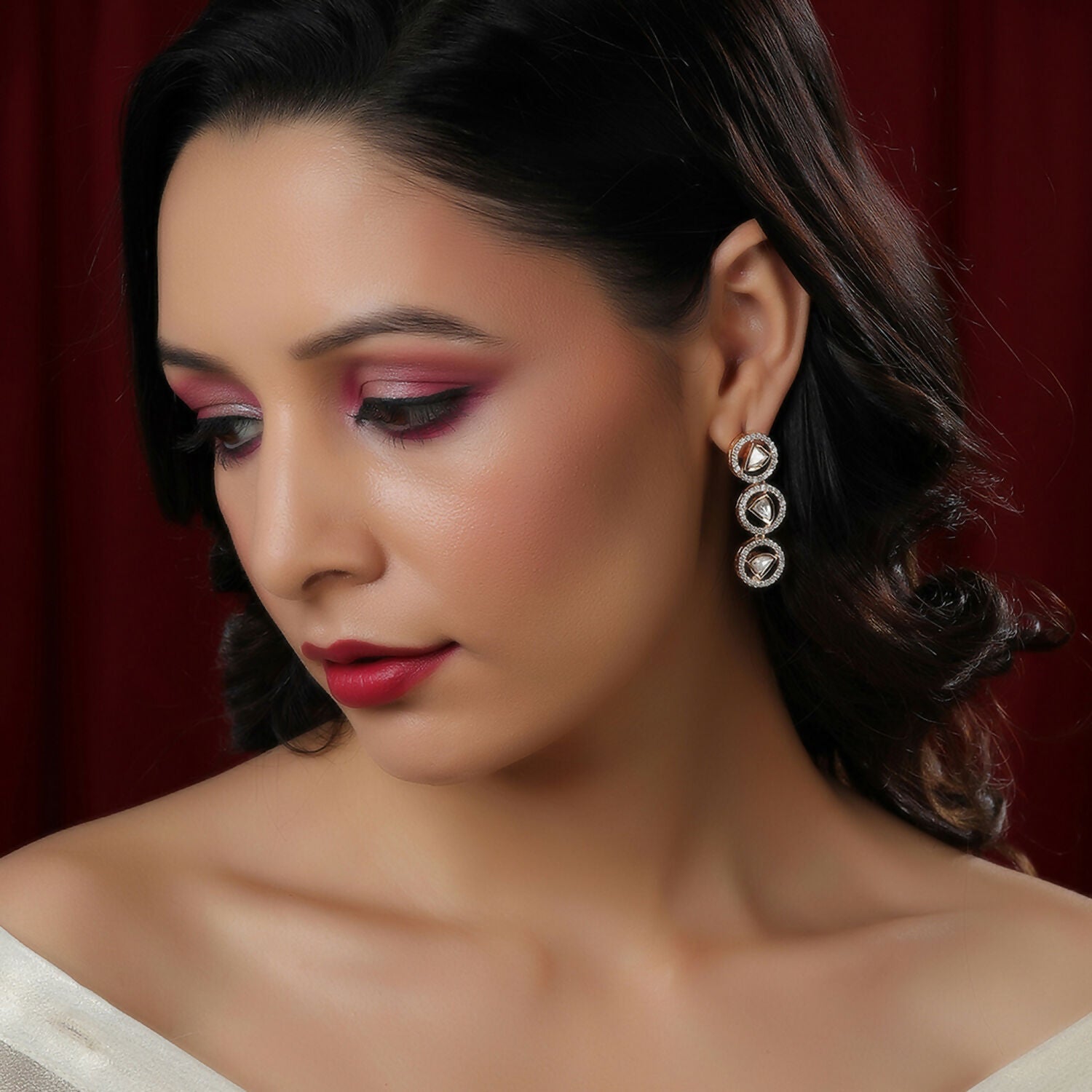 3 Tier Round Diamond and Kundan Earrings (Gold) - Ruby Raang - Distacart