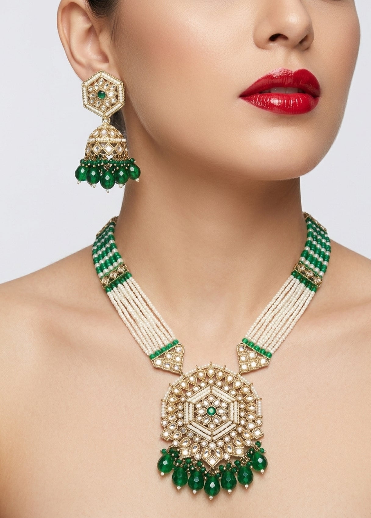 Jewel City Long Pearl Mala Golden Rainbow Diamond Studded Jumkee Tikka Necklace Set - Distacart