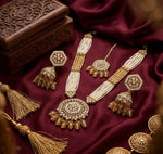 Thumbnail for Jewel City Long Pearl Mala Golden Rainbow Diamond Studded Jumkee Tikka Necklace Set - Distacart