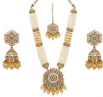 Thumbnail for Jewel City Long Pearl Mala Golden Rainbow Diamond Studded Jumkee Tikka Necklace Set - Distacart