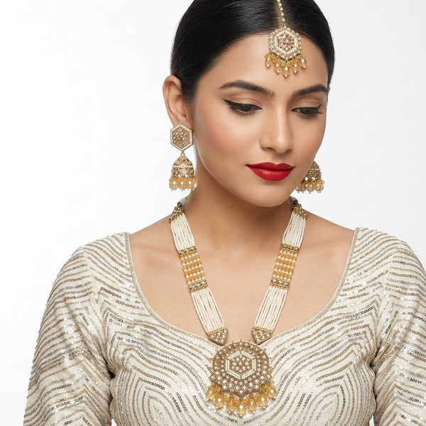 Jewel City Long Pearl Mala Golden Rainbow Diamond Studded Jumkee Tikka Necklace Set - Distacart