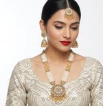 Thumbnail for Jewel City Long Pearl Mala Golden Rainbow Diamond Studded Jumkee Tikka Necklace Set - Distacart