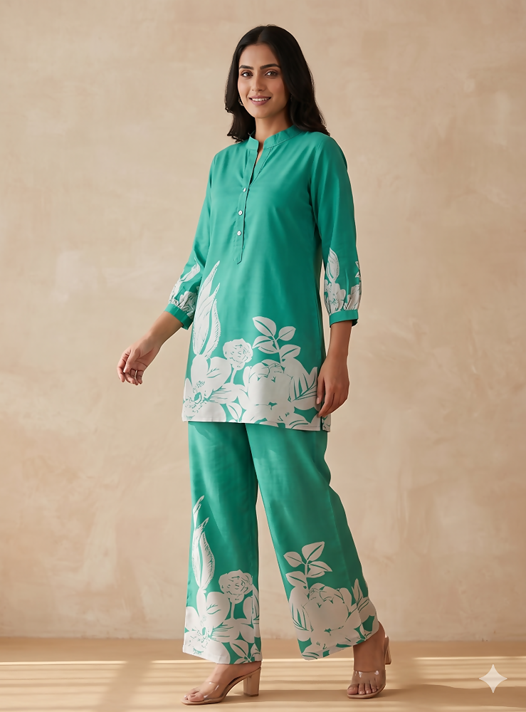 Teeya Creation Stylish Teal Casual Co-ord Set with Floral Print - Dista