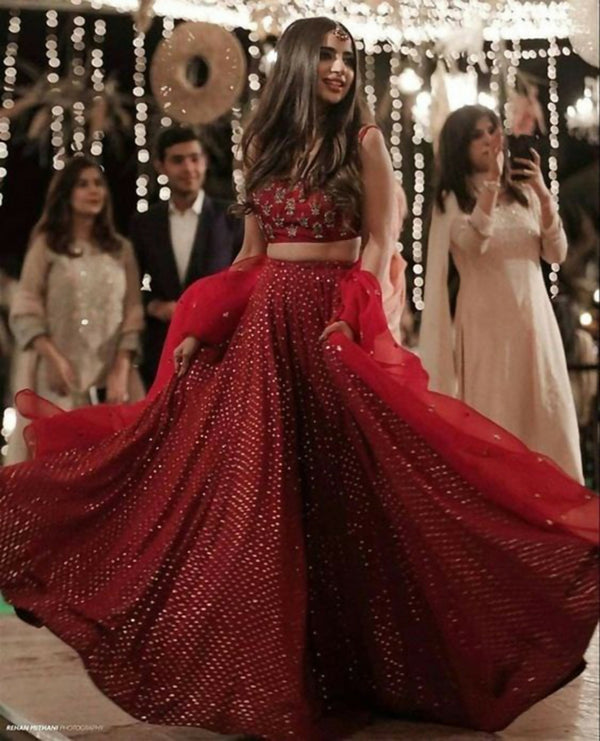 Jyoti Fashion Gorgeous Gajri Red 5MM Ton To Ton Red Thread Embroidery Faux Georgette Lehenga Choli with Dupatta - Distacart