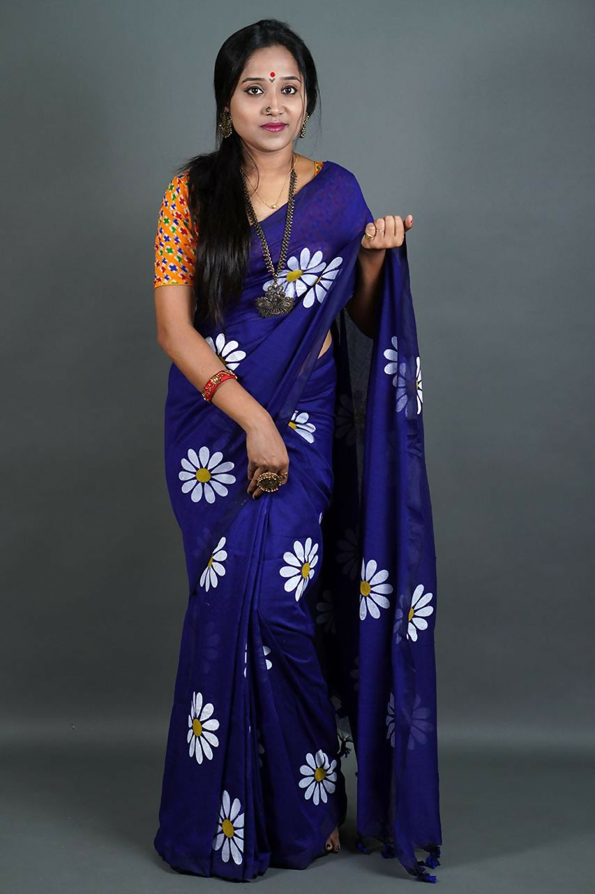 Exclusive Collection Navy Blue Pure Cotton Saree With Sunflower Design