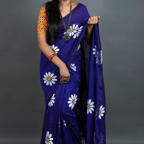 Exclusive Collection Navy Blue Pure Cotton Saree With Sunflower Design