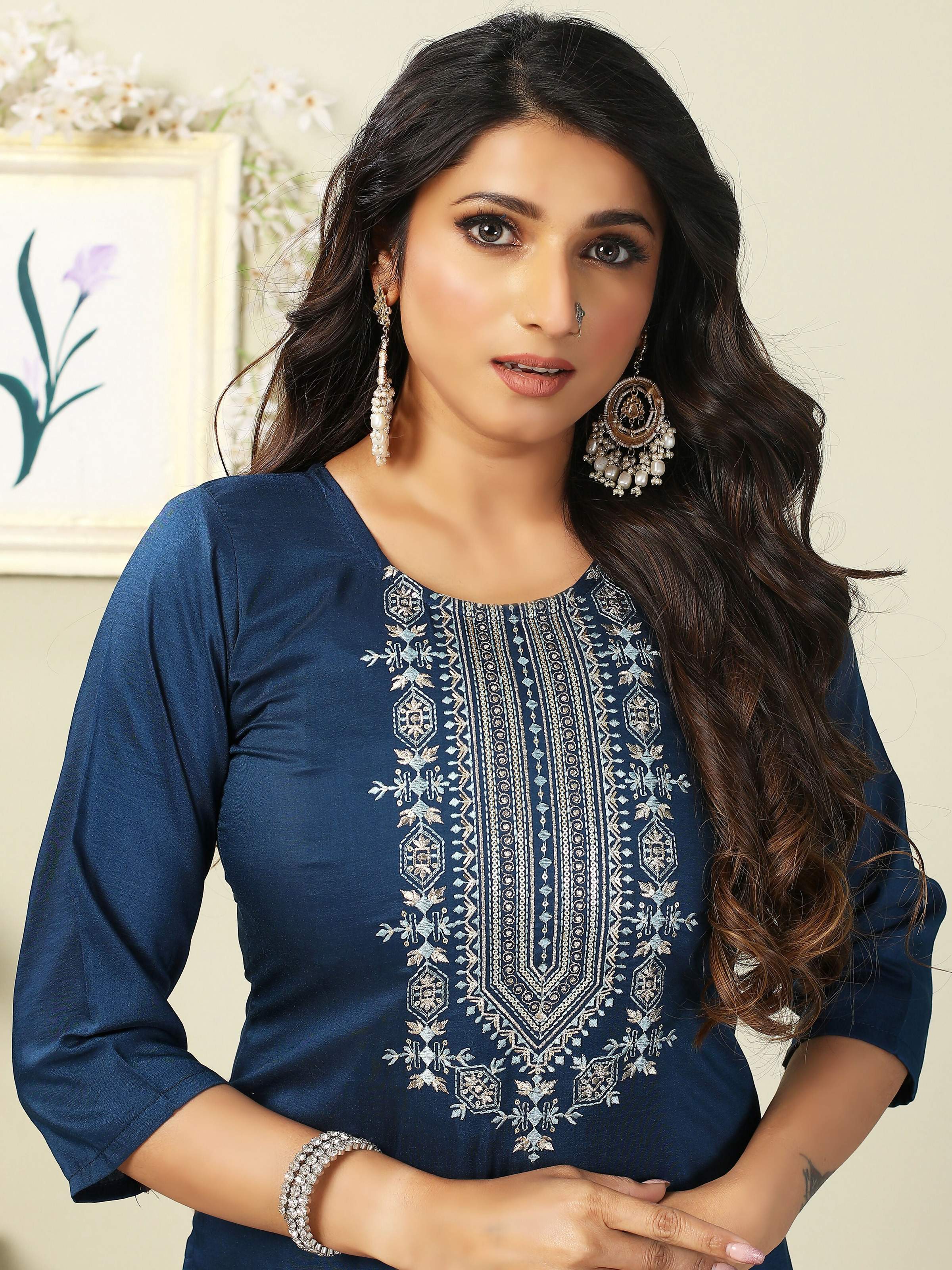 Vamika Chinon Embroidery Blue Party Wear/Casual Wear/Office Wear Kurta Set/Suit - Distacart