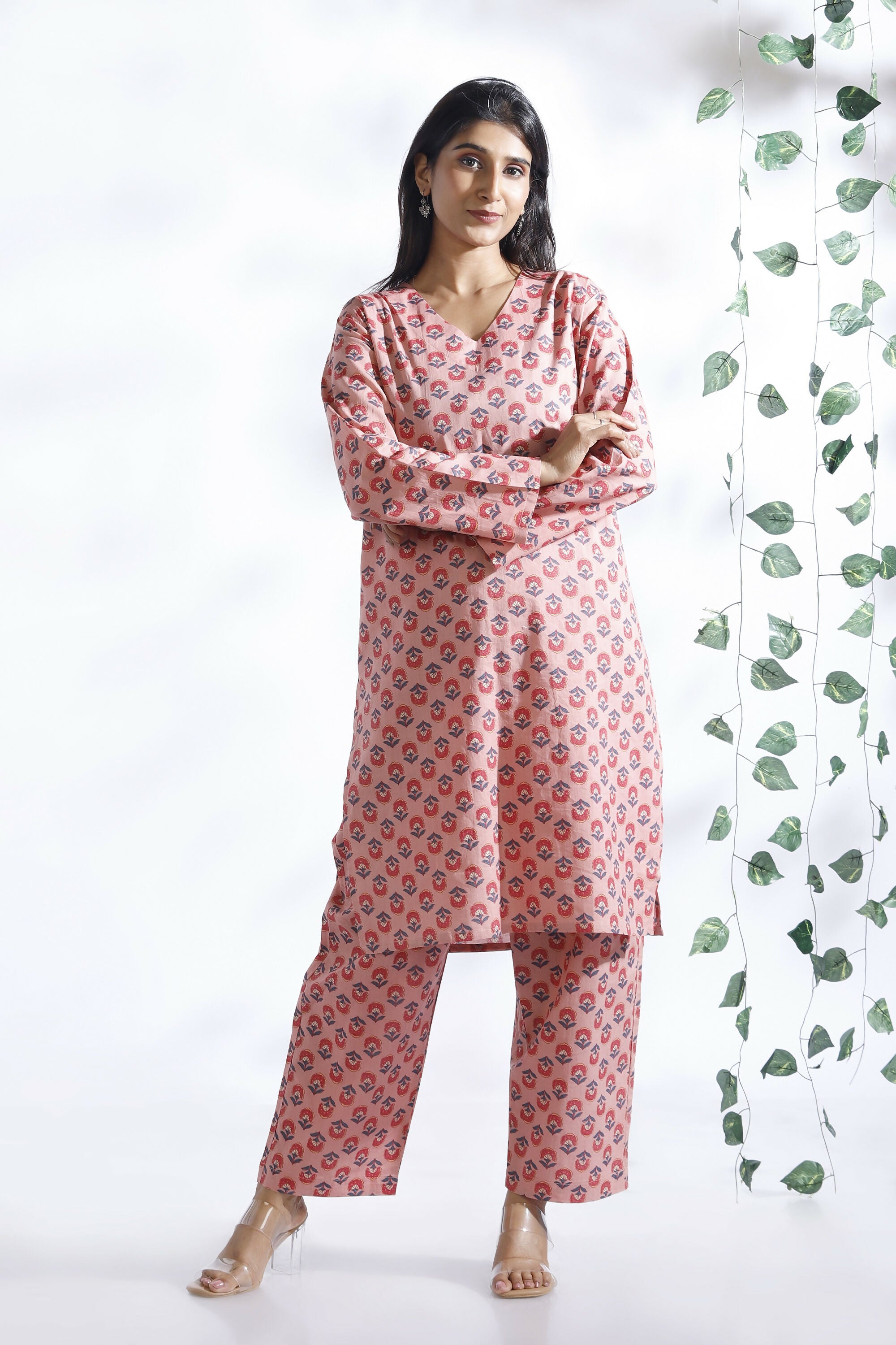 Breathables Women’S Loungewear Long Kurta Co-Ord Set Cotton Pink Indian Motif Butta Print - Dista