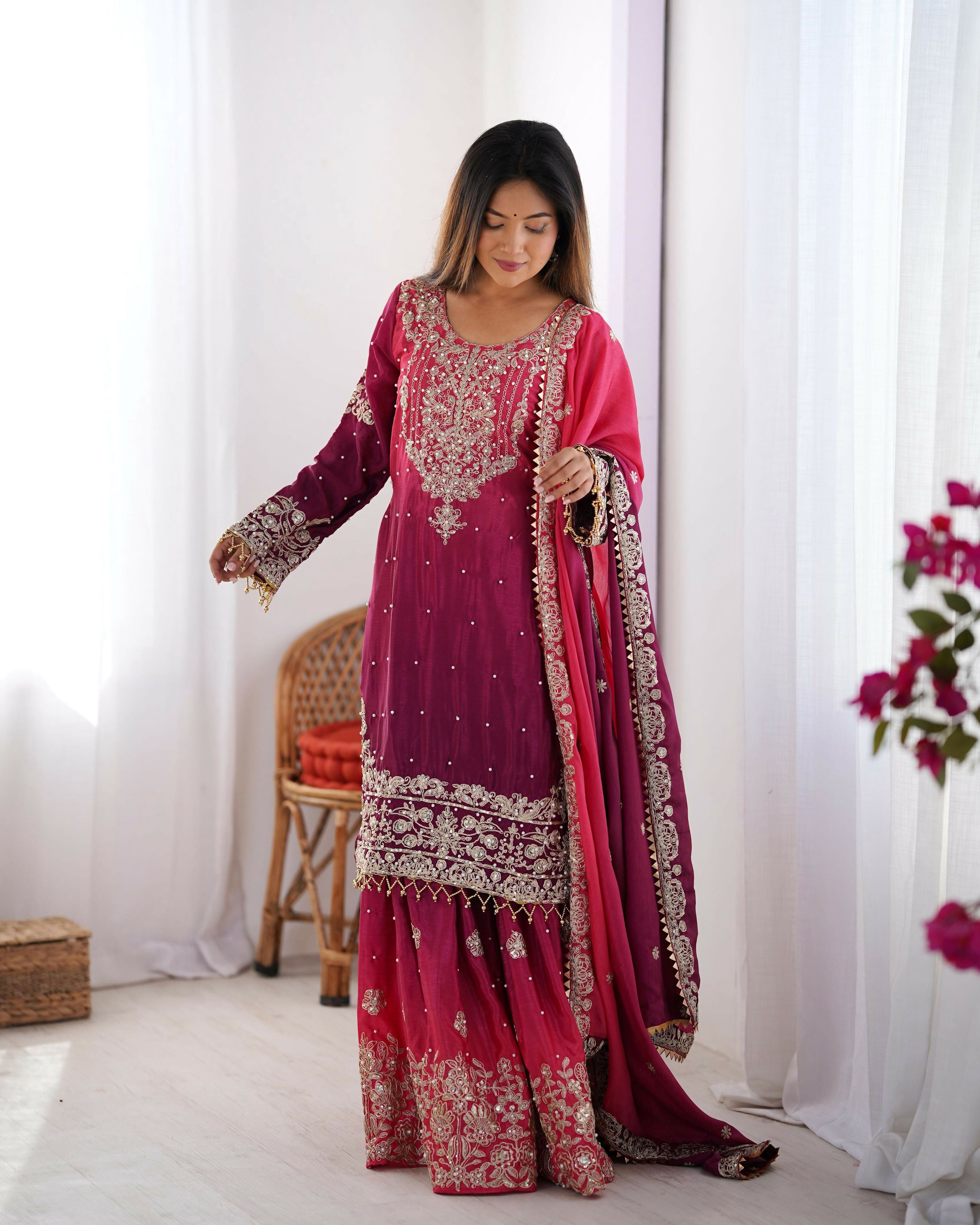 Joban Fashion Pink Palazzo Chinon silk Coding Dori with Sequence with Rivet Moti