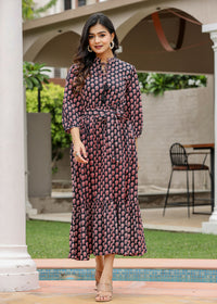 Thumbnail for Kaajh Women's Black Bagru Print Floral Cotton Dress - Distacart