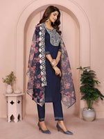 Thumbnail for Joban Fashion Women Navy Blue Roman Embroidery Stitched Kurta Set - Distacart