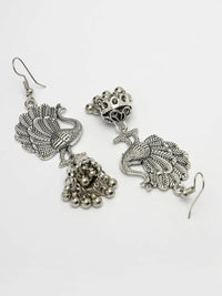 Thumbnail for NVR Women's Silver-Toned Peacock Desing German Silver Oxidised Dome Shaped Jhumka Earrings - Distacart