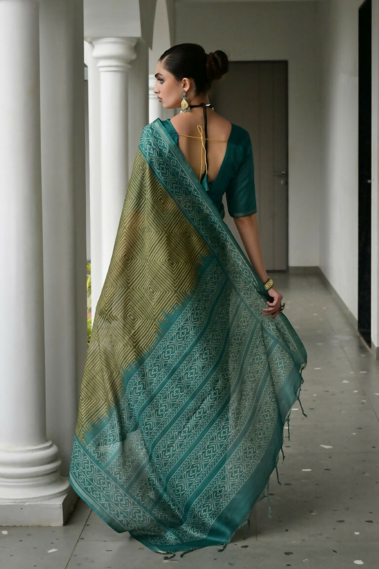 Vishnu Weaves Women's Rama Soft Tussar Silk Printed Saree with Blouse
