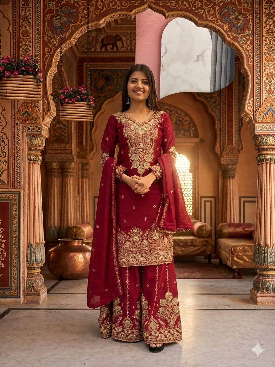 Teeya Creation Womens New Wedding Wear Heavy Embroidery Thread Work Maroon Kurta Set - Dista