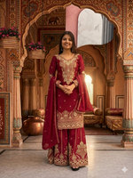 Thumbnail for Teeya Creation Womens New Wedding Wear Heavy Embroidery Thread Work Maroon Kurta Set - Dista