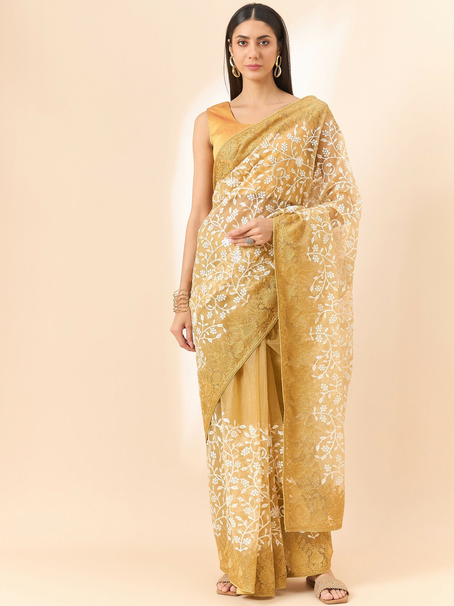 Beige Organza Floral Embroidered Saree with Unstitched Blouse Piece - Roozal - Distacart