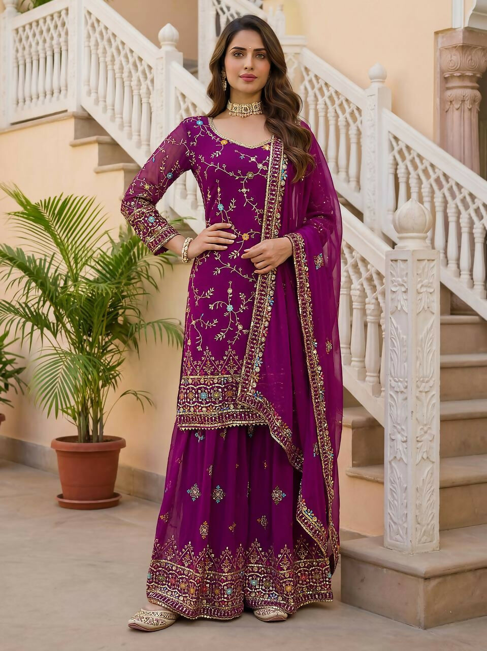 Teeya Creation Wine Faux Georgette Multi Thread Work Wedding Wear Sharara Set - Distacart