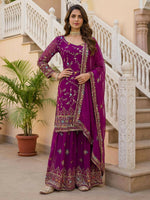 Thumbnail for Teeya Creation Wine Faux Georgette Multi Thread Work Wedding Wear Sharara Set - Distacart