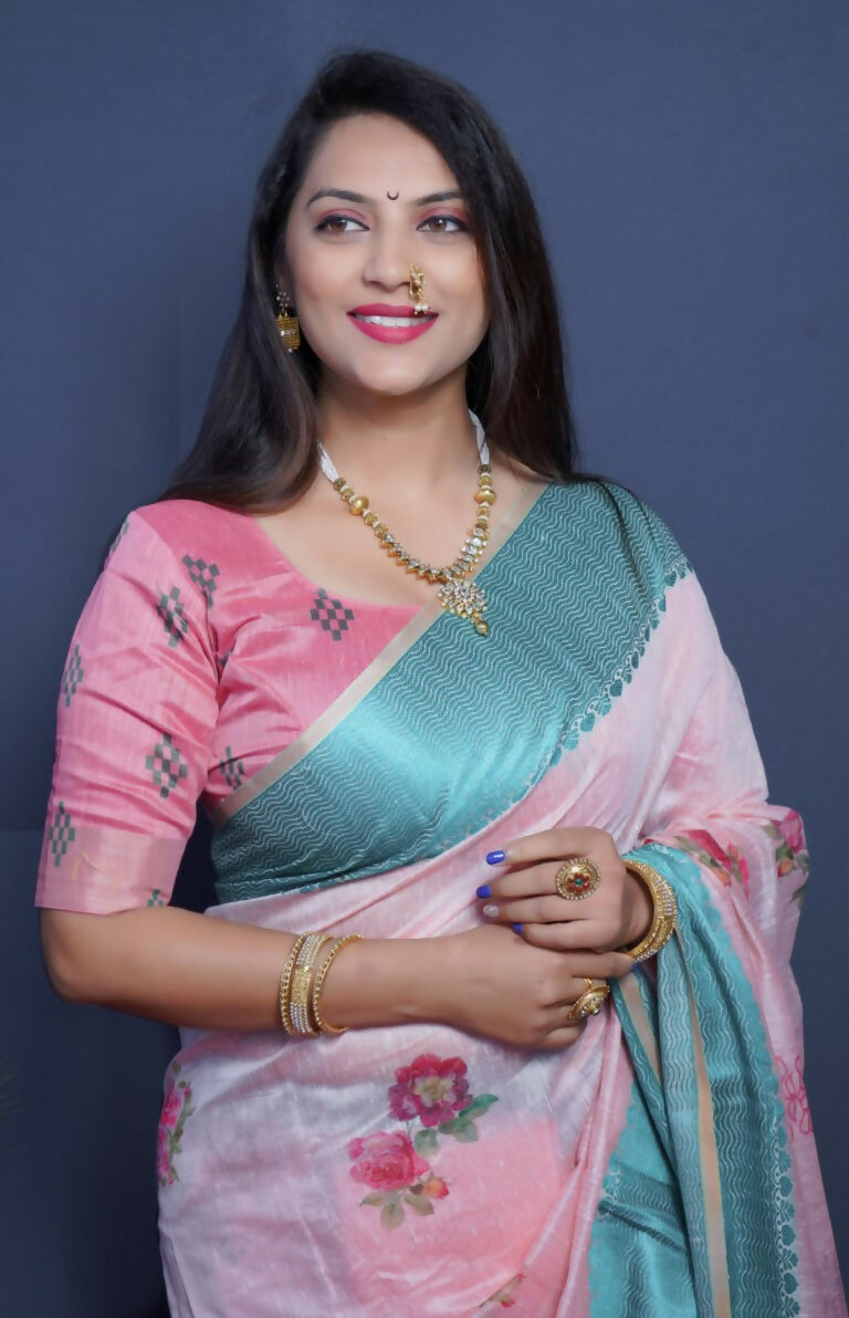 Jyoti Fashion Women's Teal Linen Silk Digital Print with Jacquard Woven Border Saree with Blouse - Distacart