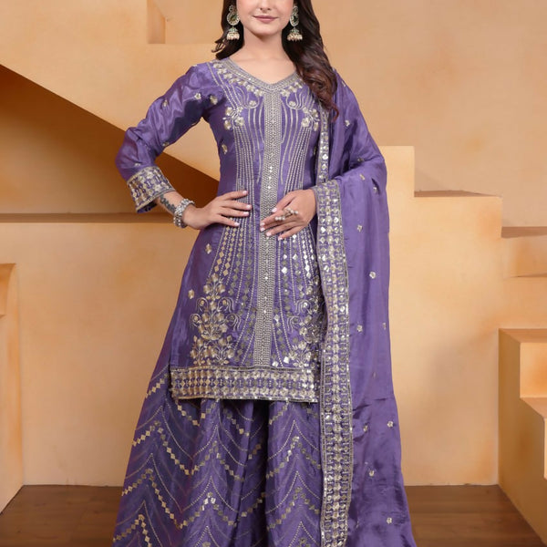 Teeya Creation Lavender Color Chinon Silk Wedding Wear Trending Palazzo Set - Distacart