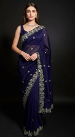 Thumbnail for Joban Fashion Blue Fandy Satin Silk Party Wear Sarees - Distacart