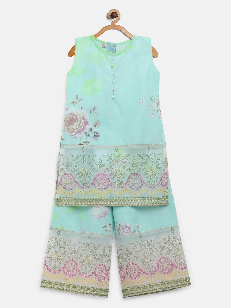 Ahalyaa Aqua Blue Crepe Printed Kids Kurta Palazzo Sets For Girls - Distacart