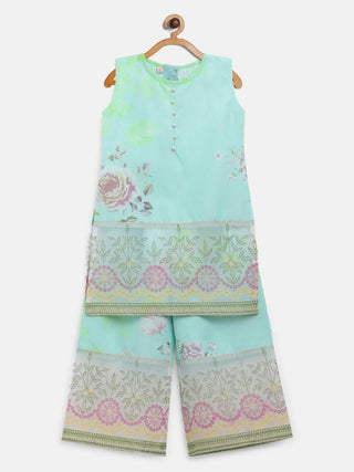 Ahalyaa Aqua Blue Crepe Printed Kids Kurta Palazzo Sets For Girls - Distacart