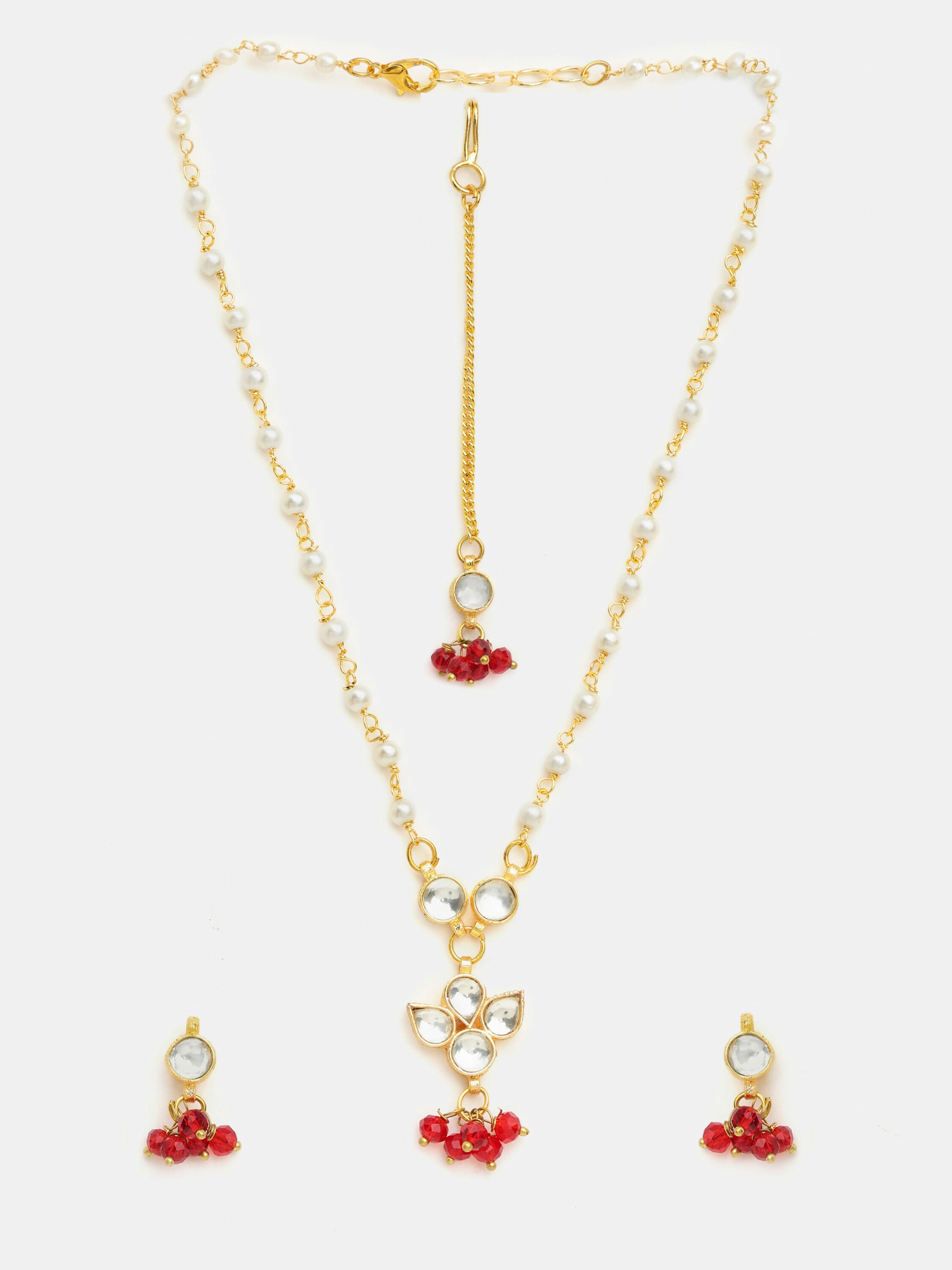 Ruby Raang Maang Tikka With Necklace And Earrings Set