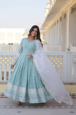 Thumbnail for Jyoti Fashion Women's Turquoise Faux Georgette Sequins Thread Embroidery Anarkali Dress with Dupatta - Distacart