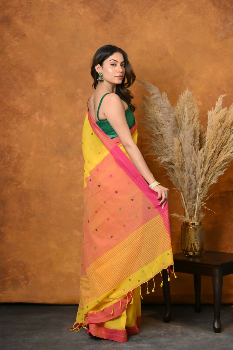 Very Much Indian Handloom Pure Cotton Saree With Sleek Border - Yellow - Distacart